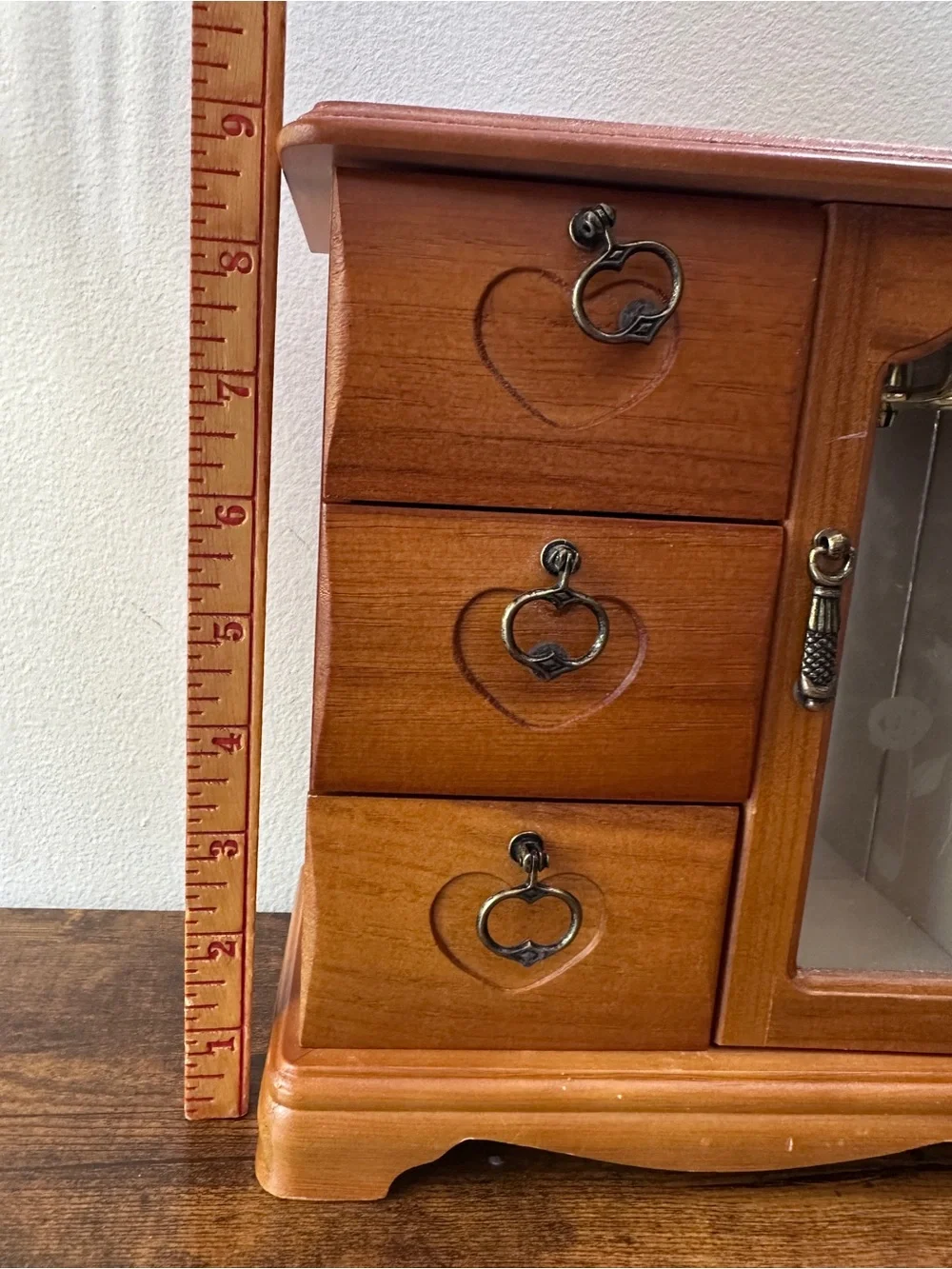 Vtg Wooden Jewelry Box Chest 3 Drawers Heart Etching Etched Glass Door Mirror